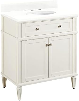 Signature Hardware 464601 Elmdale 30" Free Standing Single Vanity Set with Mahogany Cabinet, Vanity Top, and Oval Undermount Vitreous China Sink - 8" Faucet Holes - White/Feathered White