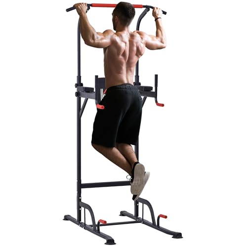 HOMCOM Torre de Ejercicios Estación Multifuncional Altura Ajustable con 7 Orificios para Entrenamiento Fitness Casa Gimnasio Oficina Carga Máx. 120 kg 123x98x189-239 cm Negro y Rojo