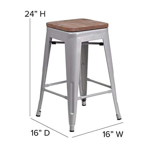 Taburete comercial Flash Furniture Lily, 4 unidades, altura de barra (24 pulgadas), sin respaldo, metal plateado, para interior y exterior, asiento cuadrado miniatura 3