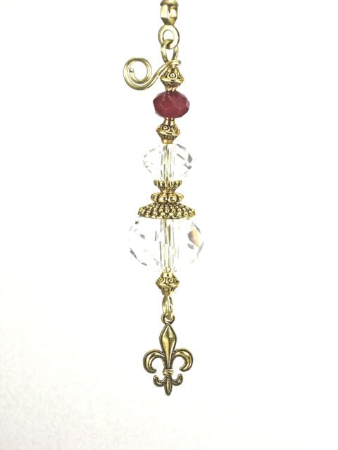 Image of Brass Fleur de Lis and Burgundy Faceted Glass Fan Pull /Light Pull