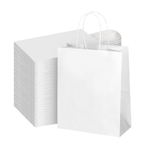 bagmad 100Pcs Pack 8x4.75x10 inch Medium White Kraft Paper Bags with Handles Bulk Gift Bags Craft Grocery Shopping Retail Birthday Party Favors Wedding Sacks Restaurant Takeout Business (100)