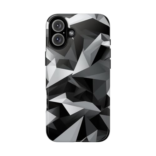 Coque iPhone 16 Plus rigide brillante motif géométrique abstrait noir gris robuste