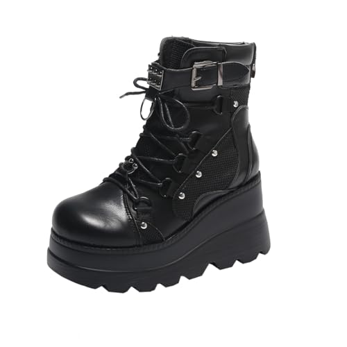 Maimeili Bottes de combat à semelle épaisse gothique pour femmes, bat Wing lacets, bottines à boucle avec cheville bottines à semelle épaisse mode clouté...