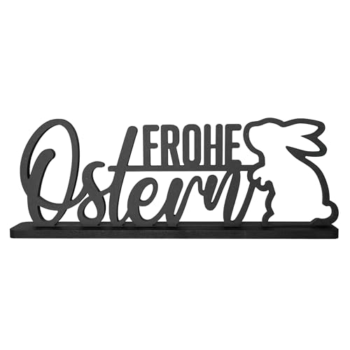 ebenkunst | Frohe Ostern Deko Aufsteller aus Holz – Moderner Oster Schriftzug mit Hasenmotiv, stilvolle Tisch- und Fensterdekoration, hochwertig gefertigt aus HDF, Made in Germany