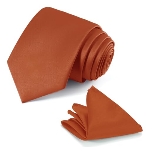 JUNMEISI Rust Tie Set in Gift Box Mens Solid Color 3.15 (8CM) Rust Necktie and Pocket Square Set