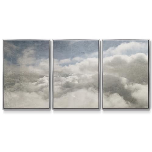 Renditions Gallery Landscape Wall Art White Clouds Painting Modern Abstract Artwork Canvas Prints Wall Decorations for Bathroom and Bedroom-Silver Floater Frame-24”x36”x3 Panels, LS015