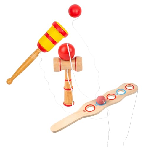 Curious Minds Busy Bags Set of 3 Wood Skill Game Toys - 1 Kendama, 1 Ball and Cup Catch Game, 1 Paddle Ball Score - Small Wood Ball and Cup Wooden Mexican Yo Yo Toy Yoyo Skill Trick Toy Kids Teens
