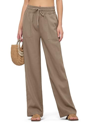 WILLIT Leinenhose Damen Hose Baumwolle Sommerhose Leinen Stoffhose Jogginghose Einfarbig Weites Bein Palazzo Hose Freizeithose Casual Strandhose mit Taschen 31 Dunkelkhaki L