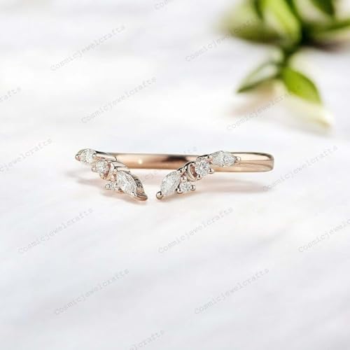 Chevron Moissanite Wedding Band for Women 14k Rose Gold Open Leaf Ring Marquise Cut Stacking V Shape Band Nature Inspired Jewelry Gift for Her3