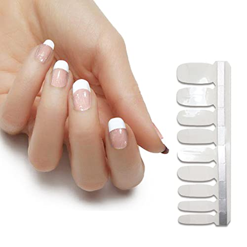 HIGH'S Glitter Series French Nail Wraps Decals Art Transfer Sticker Manicure DIY Full Nail Polish Patch Strips for Wedding, Party, Shopping, Travelling, 18pcs (French White)