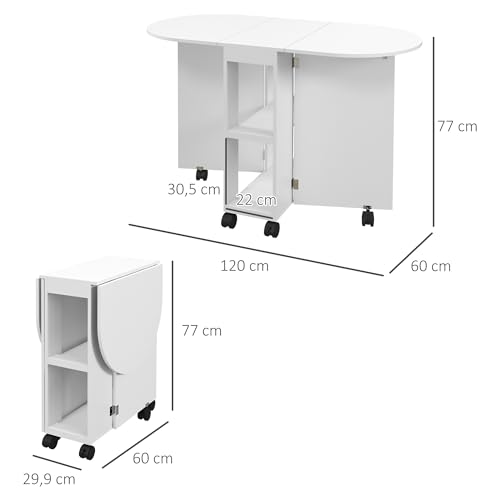 HOMCOM Mesa de Comedor Plegable Mesa de Cocina Moderno con Ruedas Laterales Abatibles y 2 Estantes Abiertos Carga 80 kg 120x60x77 cm Blanco - imagen 3