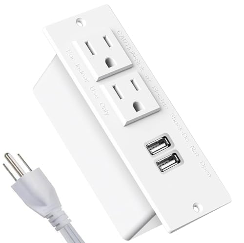 Furniture Recessed Power Strip, Power Outlets, Desk Outlet with USB, Authoritative Certification with 2 AC Plugs, 2 USB Ports Connect with 6.56ft Power Cord (White)
