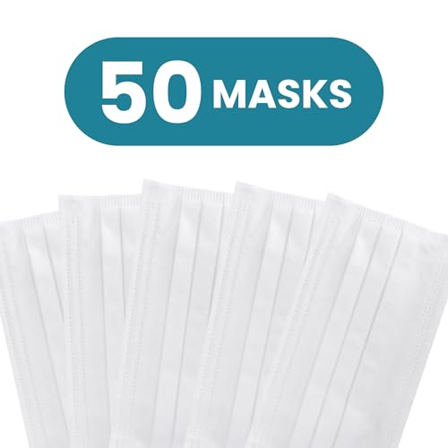 American Health Service Disposable 50 pcs Face Masks, 3 Ply Protection, Breathable & Comfortable, 99% Filtration Fluid Resistance, Earloop Protective Masks, White