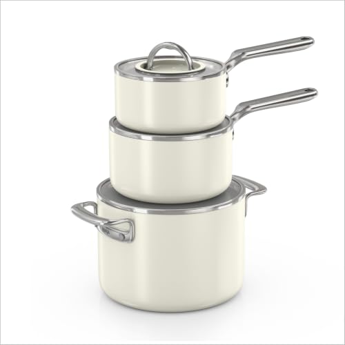 Ninja NeverQuit™ 6-Piece Ceramic Cookware Set, Bone & Silver, CQ19006IV2 | Nontoxic¹, nonstick ceramic-coated cookware set; 1.5qt & 2.5qt saucepan, 6qt stock pot, glass LayFlat™ lids, 3-year guarantee - image 1