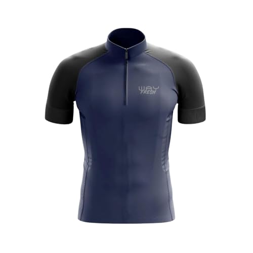 Camisa de Ciclismo Masculina Manga Curta Way Fresh Azul Marinho Proteção UV Slim Confortável Pro Bik