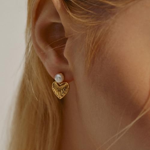 Heart Earrings for Women, 18K Gold Plated Sterling Silver Posts Heart Drop Earrings Vintage Fashion Tiny Gold Pearl Earrings, Trendy Lightweight Love Drop Dangle Stud Earrings Jewelry Gifts2