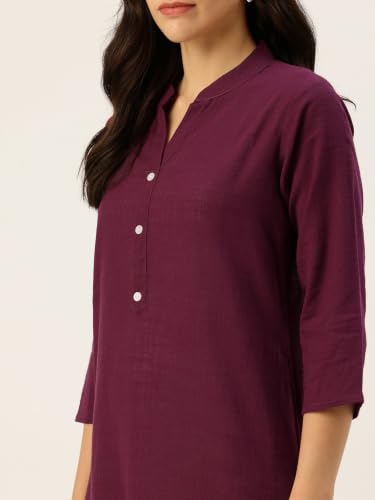 Image of feranoid Women's Plain Cotton Kurta with Mandarin Collar, 3 /4 Sleeves & Pocket