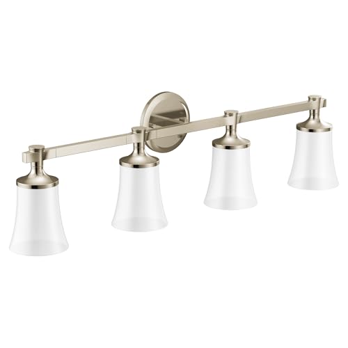 Image of Moen YB0364NL Flara 4-Light Dual-Mount Bath Bathroom Vanity Light Fixture with Frosted Glass, Polished Nickel