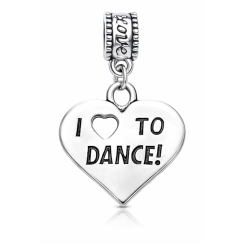 I Love to Dance Charm Bead – Heart Pendant for Dancers & Dance Lovers – Compatible with Pandora, Chamilia, Troll & European Bracelets – Dance Jewelry Gift, Small, Silver, No Gemstone