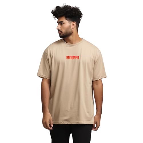 Image of prabhu bhakti Men's Oversized Mahabali Hanuman Printed T-Shirt |Back Print Drop Shoulder Pure Cotton Oversized Tshirt for Men