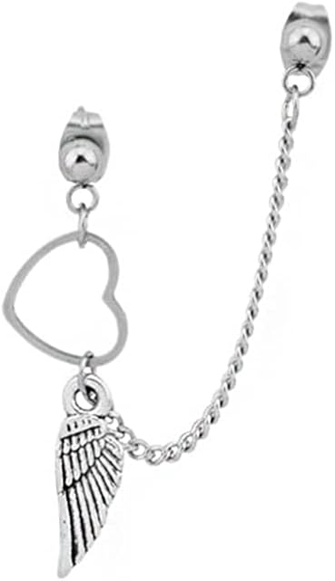 Heart Wing Tassel Chain Drop Dangle Double Piercing Ball Stud Earring for Women Girls Stainless Steel Love Angel Statement Hypoallergenic Ear Crawler Climber Vine Cartilage Tragus Studs 1 Piece