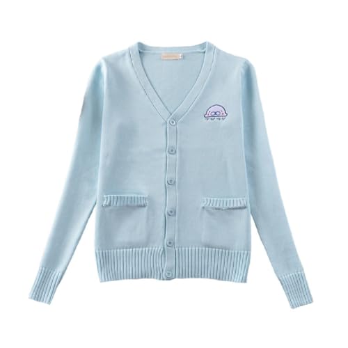 [Rosesky] ニットカーディガン レディース100%綿 柔らかい Vネック 刺繡 アザラシ 可愛い ブルー ちょうどいい厚さ 通勤 長袖 羽織 カーディガン 女子高校生 学生 制服 トップス ポケット付き 通学 学院風 普段着 シンプル 春秋冬 ギフト (JP, アルファベット, XS, ブルー)