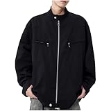 Men's Classic Stand Collar Casual Jacket Loose Fit Workwear Fashion Outerwear Coat for Autumn Season (Black, M)
