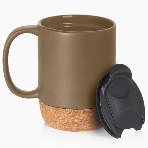 Reusable Ceramic Travel Mug with Handle and Lockable Lid & Heat Proof Cork Base - Spill & Leak Proof, Refrigerator Safe, Heat Resistant Coffee Mug - Mocha