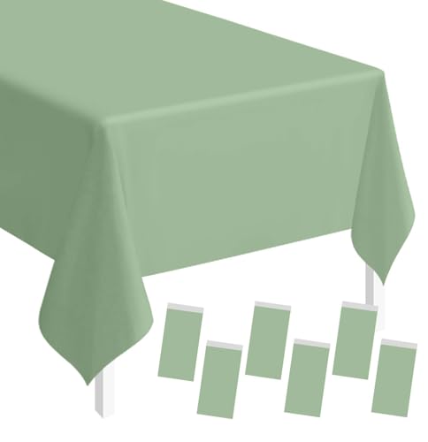 Image of SietDESEO 6 Pack Sage Green Plastic Tablecloth Rectangle 54 x 108 Premium Disposable Table Cloth Plastic Sage Table Cover for Wedding Baby Shower Party Decorations