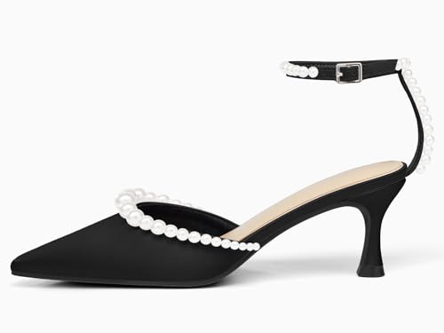 Image of Coutgo Womens Pearl Kitten Heels Closed Pointed Toe Wedding Bride Dress Shoes Ankle Strap Satin Pumps