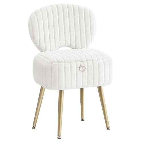 Image of SONGMICS Small Vanity Chair with Storage and Folding Back, Vanity Stool, Footrest Footstool Ottoman, Dressing Table Stool, Furry Padded Seat, for Makeup Room, Bedroom, Cream White ULOM532WD01