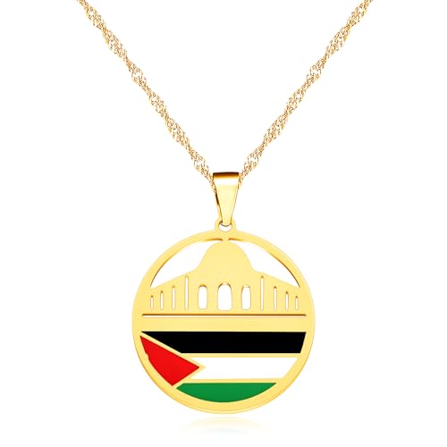 Oneress Collier Palestine Carte Plaqué Or, Pendentif Calligraphie Arabe, Bijoux Islamique en Acier Inoxydable, Colliers Culturels Musulmans Y5137-Or