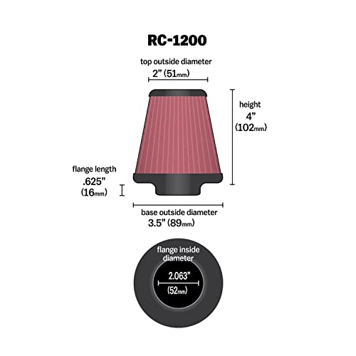 Image of K&N High-Flow Original Lifetime Universal Clamp-On Air Filter:High Performance, Premium: Flange Diameter: 2.0625In,Filter Height:4In, Flange Length: 0.625 In, Shape: Round Tapered,RC-1200 (Pack of 6)