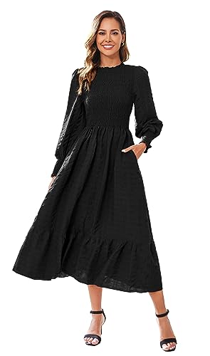 VintageClothing Women's Casual Fall Midi Dresses Long Sleeve Crew Neck High Waist Smocked Flowy Tiered Long Dress with Pockets, M Black