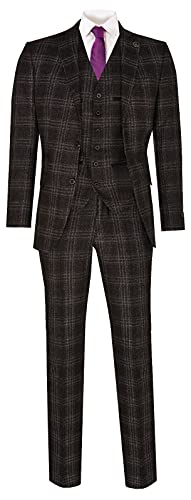 Traje Gris para Hombre en Tweed de 3 Piezas con Chaqueta con 2 Botones, Chaleco y Pantalón de Lana a Cuadros Ideal para Negocios, Bodas y Fiestas con Ajuste Clásico 36