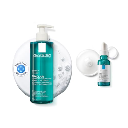 La Roche Posay Effaclar Set mit Mikro-Peeling Reinigungsgel & Peeling-Serum, Pflegeset zur Milderung von Unreinheiten, Reinigung und Glättung, Für fettige, zu Akne neigende Haut, 400ml + 30ml