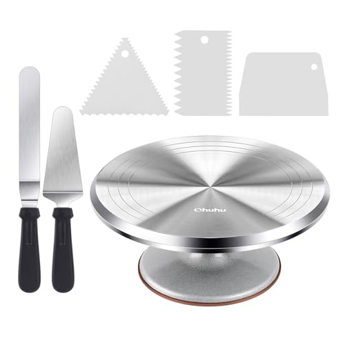 Cake Turntable, Ohuhu Aluminium 12'' Cake Decorating Kit Supplies Rotating Stand Revolving Spinner with 2 Icing Spatula 3 Comb Smoother Mothers Day Gifts