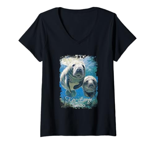 Mujer Key Largo Florida Amor Los Manatíes Camiseta Cuello V