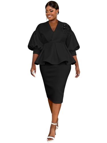 aomei Business Suit Sets for Women 2 Piece Outfits Floral Applique Peplum Tops Pencil Midi Skirt Set Formal Church Suits-picture-36