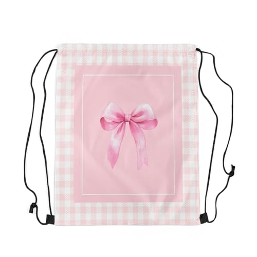 jejeloiu Pink Bow Drawstring Backpack 13x15.7inch,Kawaii Bowknot Waterproof Gym Drawstring Bags Grid Sports2