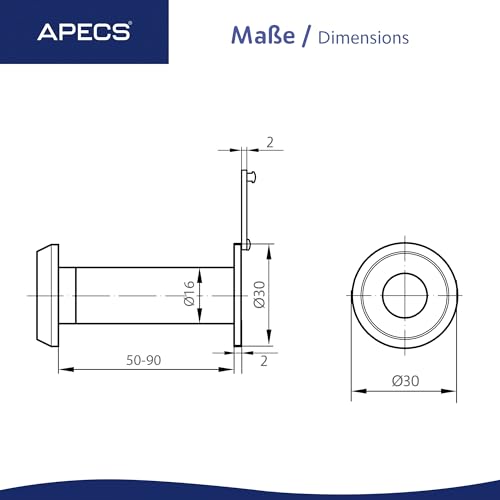 APECS Türspion mit Sichtschutz für Tür 50-90mm Bohrloch - Ø16mm Nickelfarbe Türspionabdeckung Modell 6016/50-90-NIS