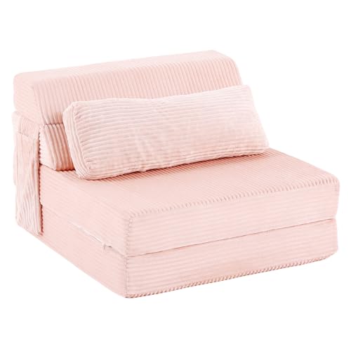 YOTATING Folding Sofa Bed with Pillow, Corduroy Convertible Sleeper Chair, Comfy Floor Futon Mattress Lounge Sofa for Adults, Fold Out Chair Bed for Living Room, Bedroom, Single Size, Pink