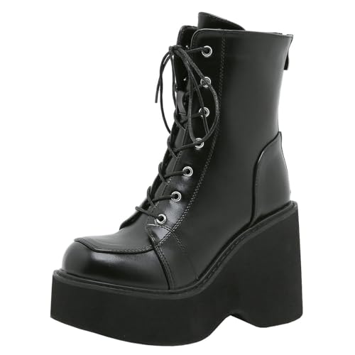 Image of Parisuit Womens Goth Patent Ankle Boots Platform Chunky Combat Boots | Lace Up, Gothic Boots, High Heel, Punk Short Booties, Buckle Boots, Chain Boots
