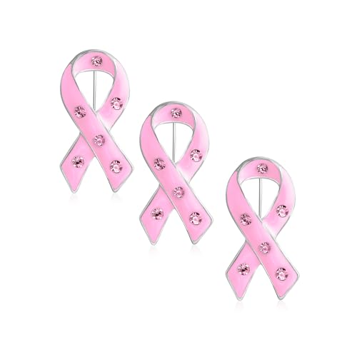 Image of Bling Jewelry Set of Three Crystal Accent Enamel Prevention and Awareness Pink Ribbon Support the Cause Breast Cancer Survivor Brooch Pin For Women Silver Gold Plated