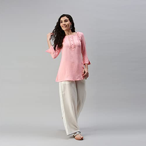 Image of SheWill Cotton Blend Stripe Print Embroidered A-Line Tunic