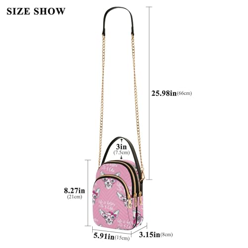 Women's Shoulder Handbag Decorative Cell Phone Wallet Chain Purse Quilted Zipper Bowler Tote Ladies Satchel Cute Chihuahua Dogs Pink Bows Pink Sketch3