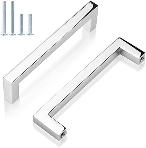 GOBEKOR 5 Pack Polished Chrome Cabinet Pulls Solid Drawer Pulls 3-3/4in(96mm) Hole Centers, Square Bar Kitchen Cupboard Handles Cabinet Hardware