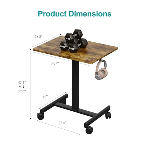 Image of Mobile Desk on Wheels, Pneumatic Height Adjustable, Brown+Black | 18.9 x 25.6 in Desktop, 26.1-40.1 in Height, Pneumatic Lift, T-Shaped Single Column Base, Lockable Casters, 22 lb Capacity