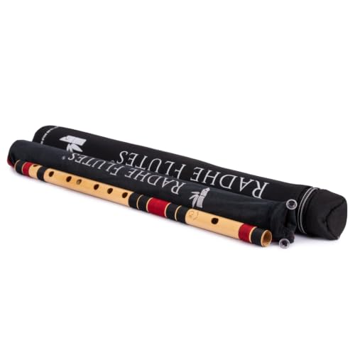 Image of Radhe Flutes Bamboo Bansuri C Sharp Right Handed Middle Octave (18 inch) With Hard Cover (Beige Flute With Black & Maroon Threads)