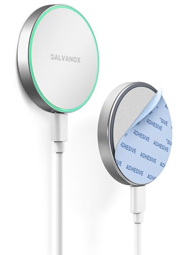 Galvanox Compatible with MagSafe Wall Mounted Magnetic Wireless Charger (15W) Fast Charging, Stick-on Adhesive Design with Long Removable USB-C Cable (10Ft) White
